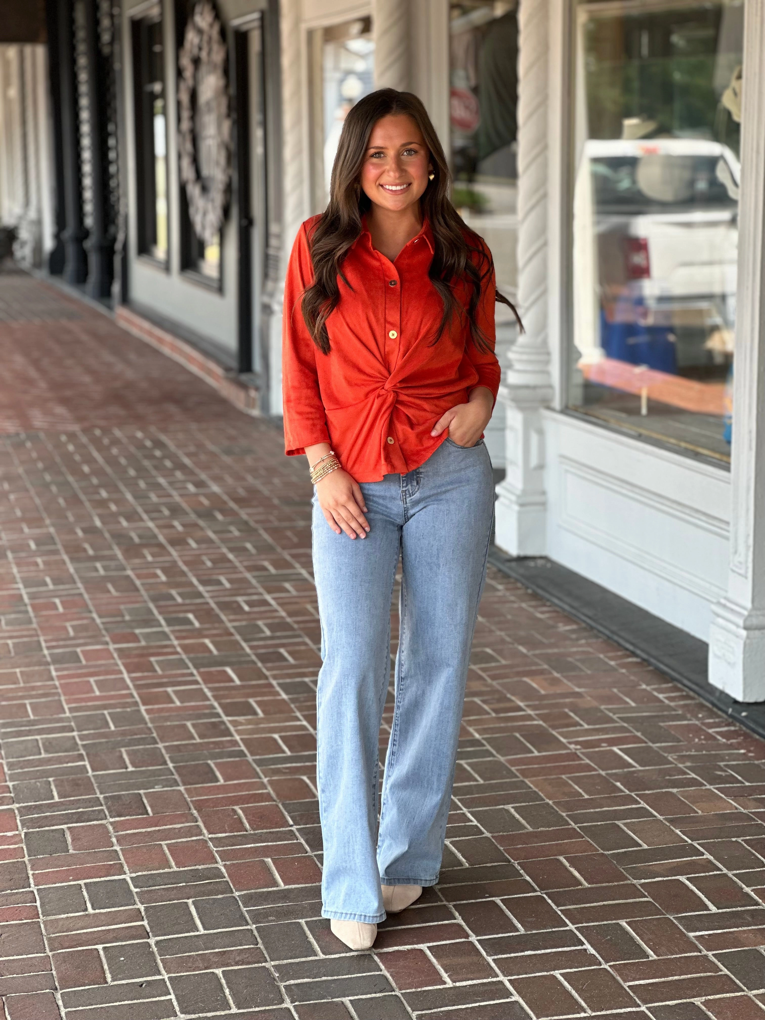 polka-dot Flattering Waist Gretchen Scott Twist & Shout Top in Ultra Suede Orange