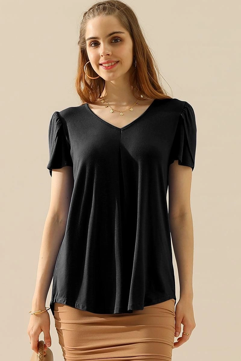 Casual dress SOLID V NECK SHORT TULIP SLEEVE TUNIC TOPS