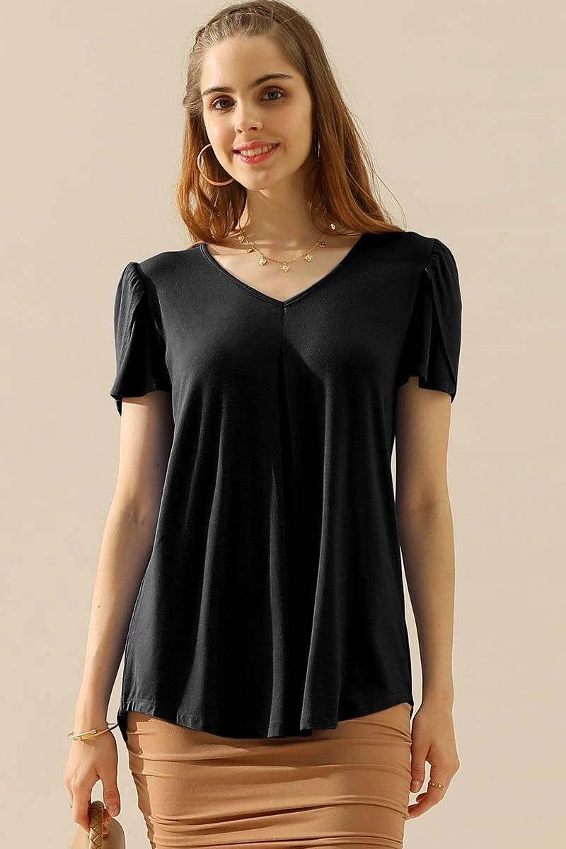 Reflective Accent Trim Brushed Interior SOLID V NECK SHORT TULIP SLEEVE TUNIC TOPS