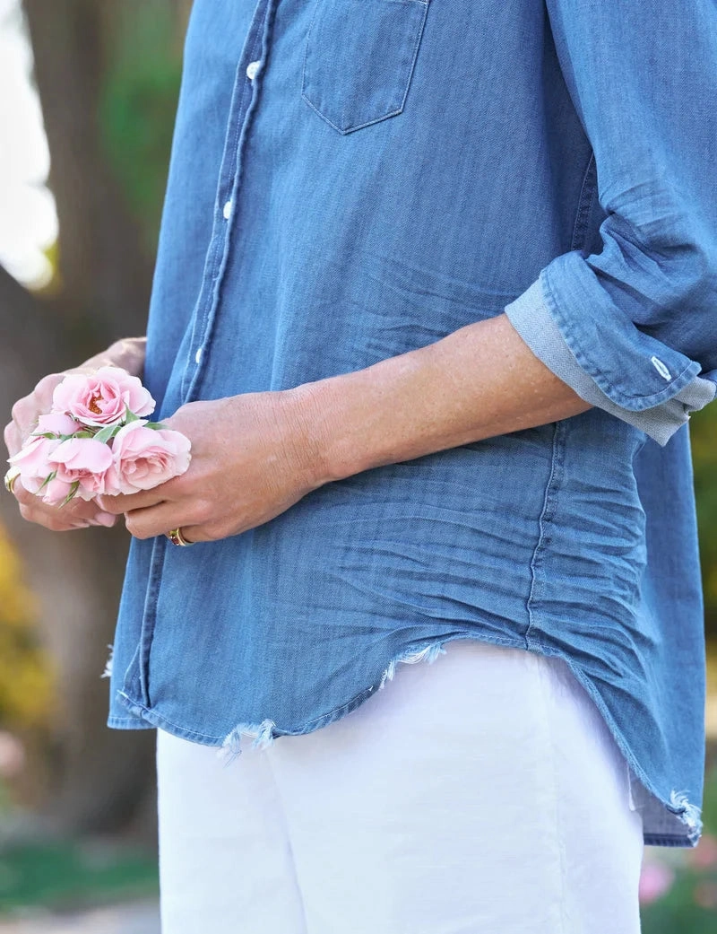 Eileen Ruffle Relaxed Button-Up Shirt Vintage Stonewashed Indigo Minimalist Design MoistureWicking Technology
