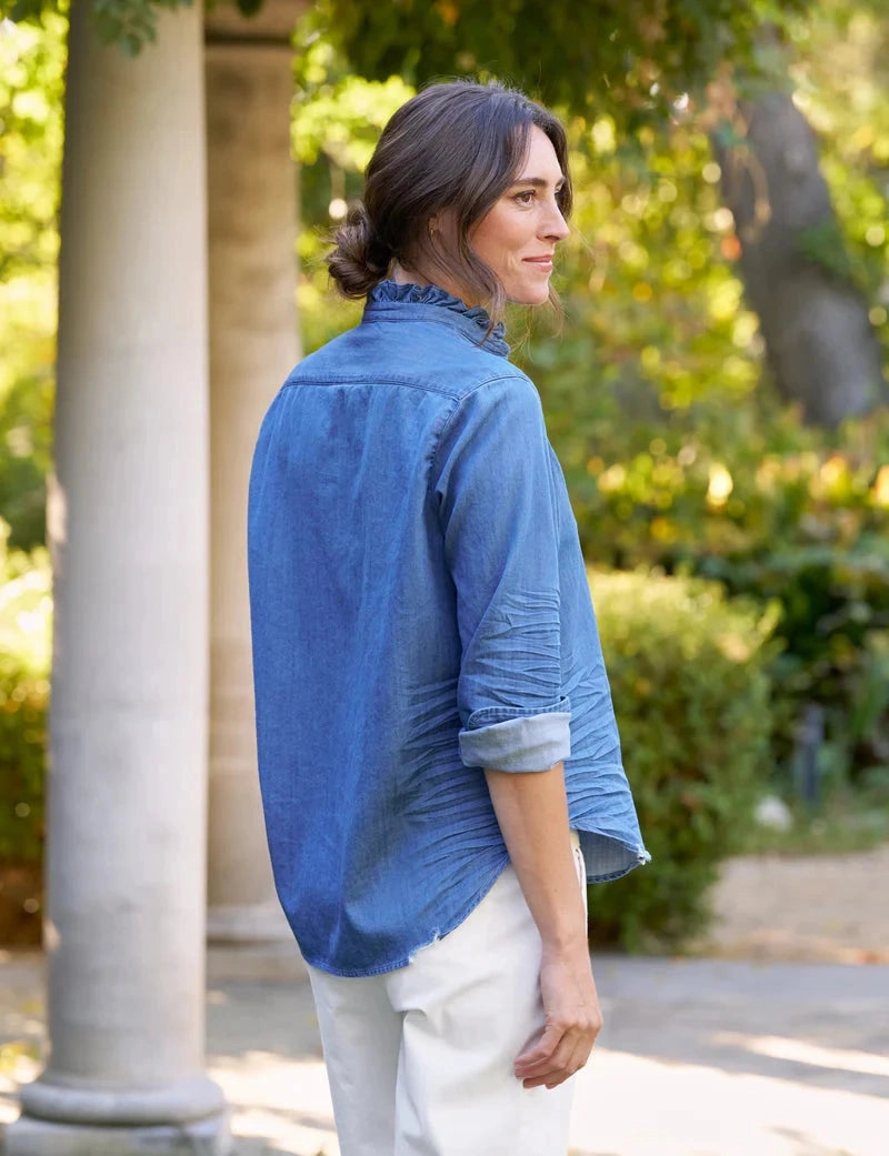 Microfiber Technology Loose Tee Eileen Ruffle Relaxed Button-Up Shirt Vintage Stonewashed Indigo