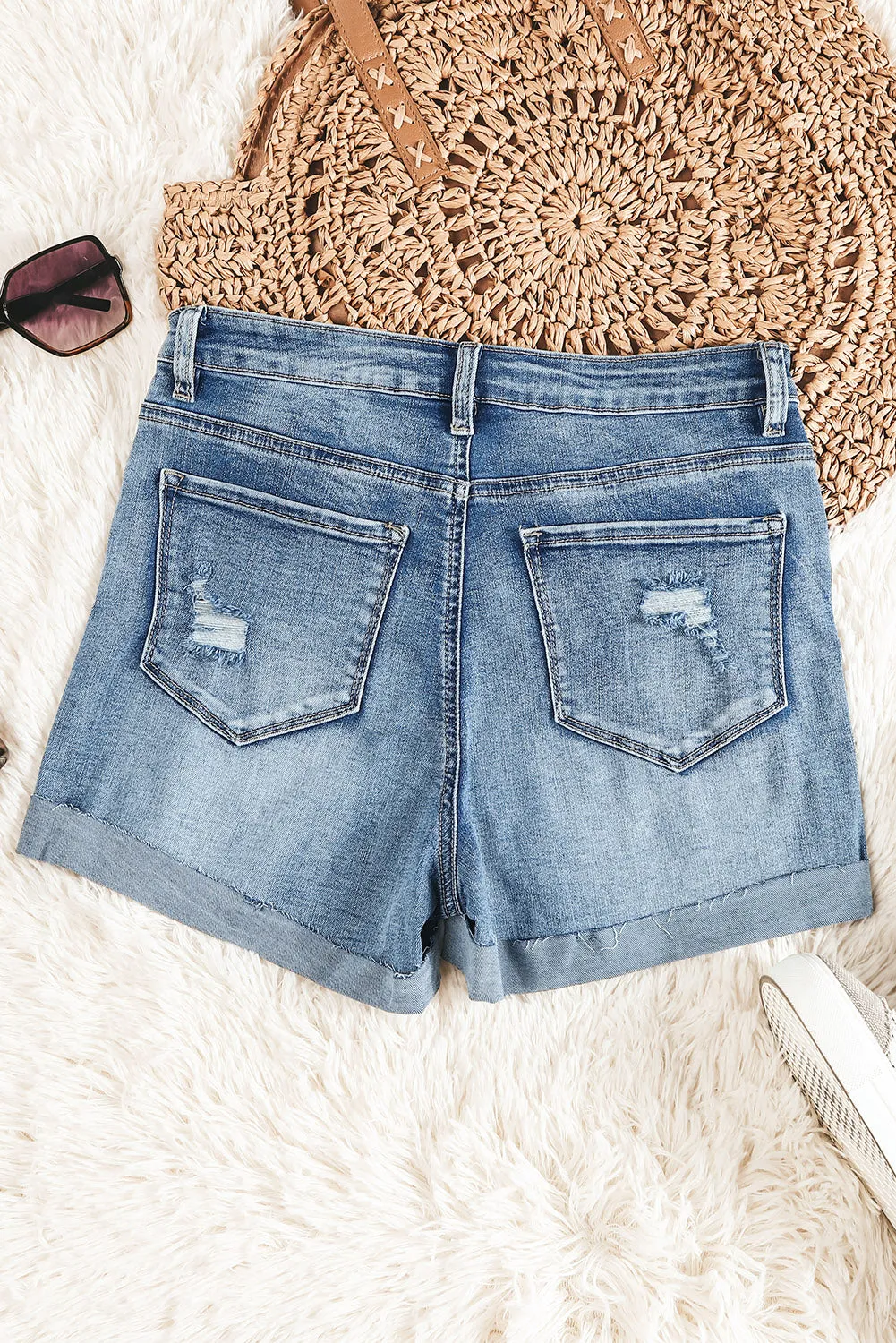High Rise Button Fly Distressed Denim Shorts