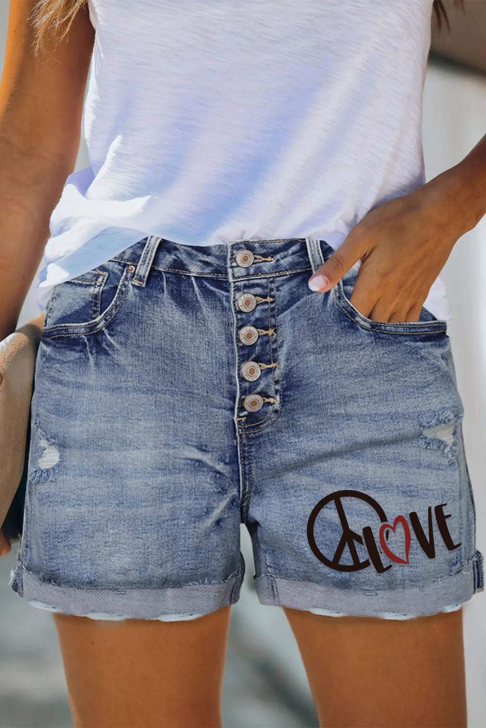High Rise Button Fly Distressed Denim Shorts