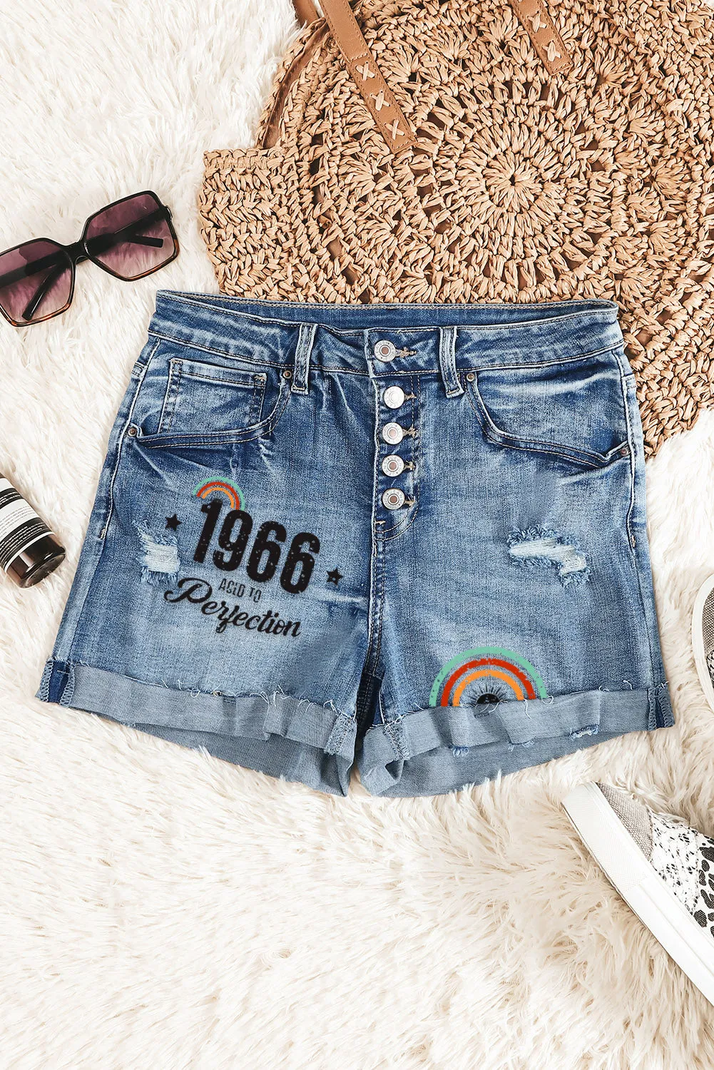High Rise Button Fly Distressed Denim Shorts
