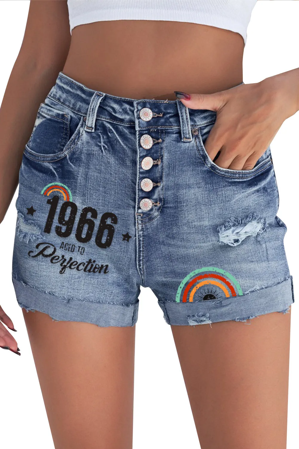 High Rise Button Fly Distressed Denim Shorts