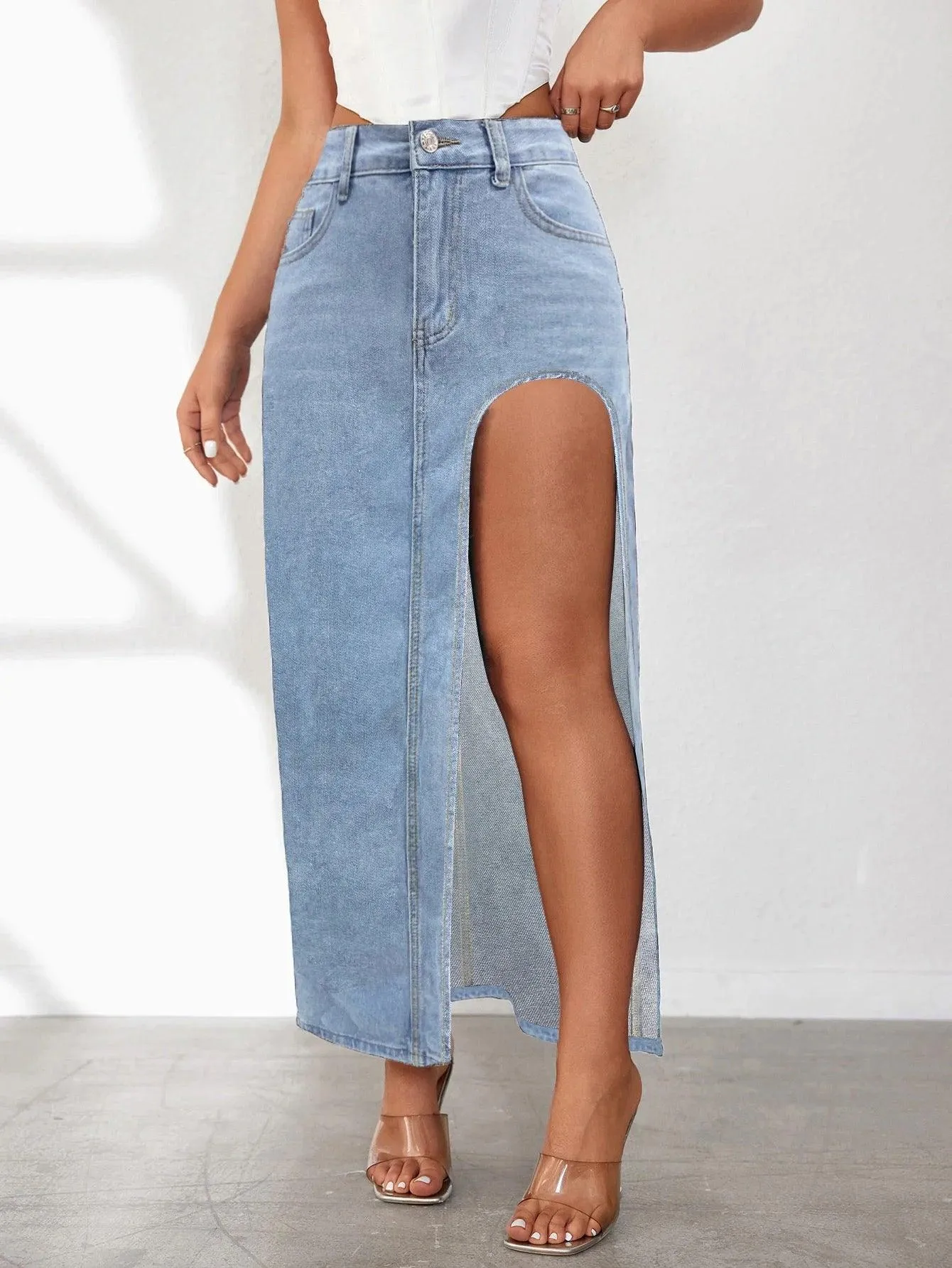 High Slit Denim Skirt
