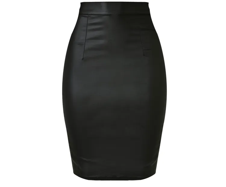High Waist Faux Leather Pencil Skirt with Back Slit