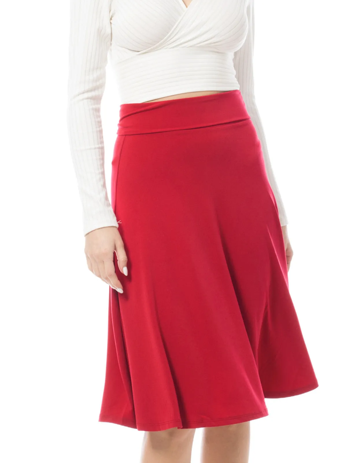High Waist Fold Over A-Line Flared Knee Length Skirt