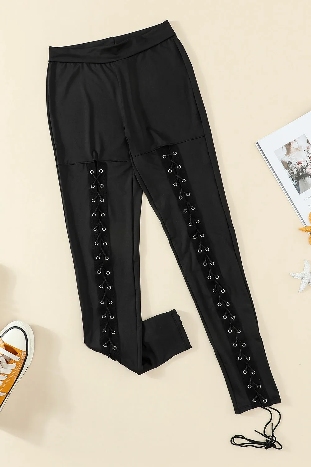High Waisted Lace-up Front Black Leggings