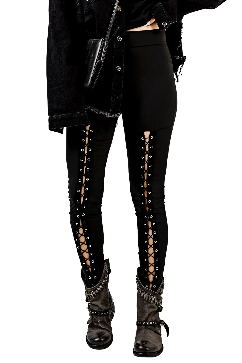 High Waisted Lace-up Front Black Leggings