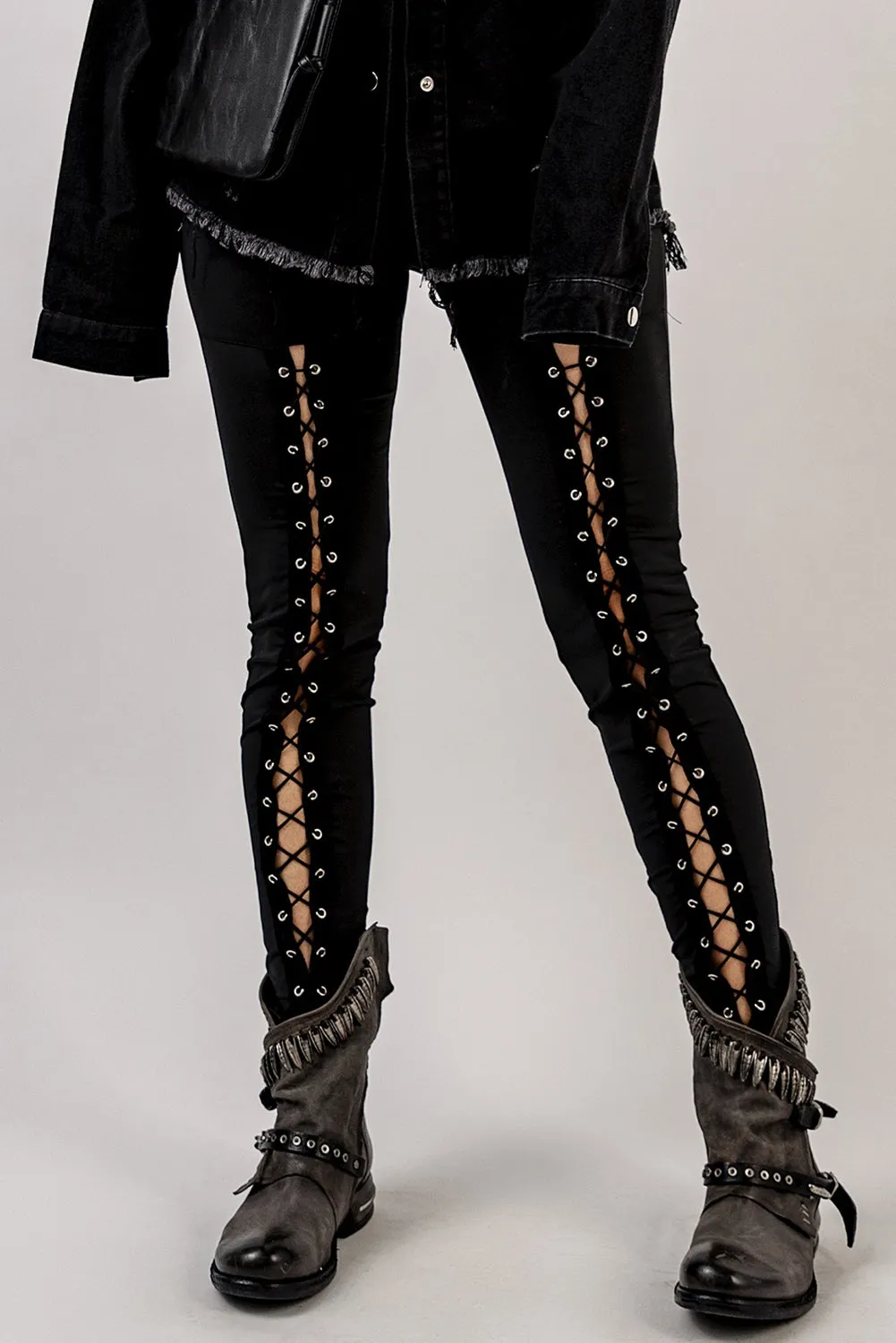 High Waisted Lace-up Front Black Leggings