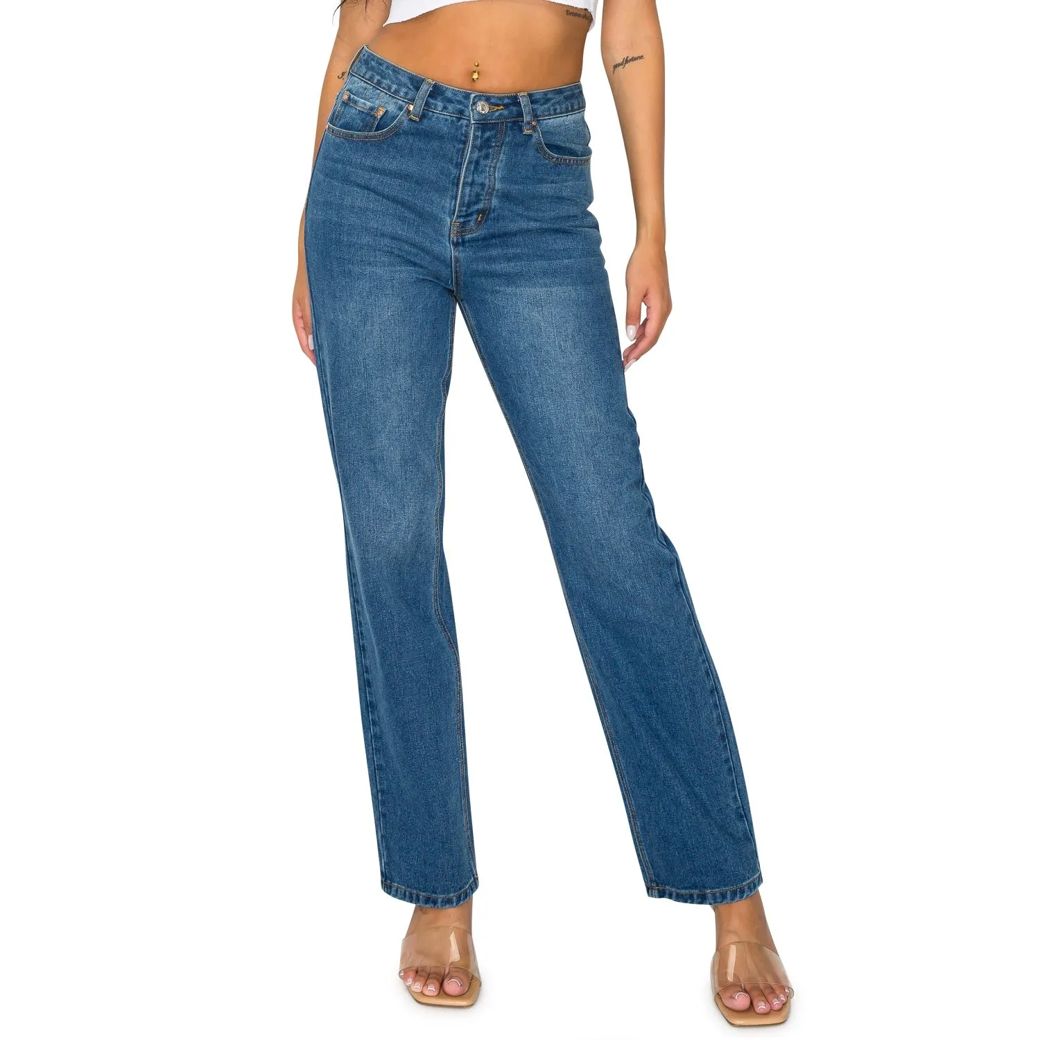 High Waisted Straight Leg Jeans - Dark Wash