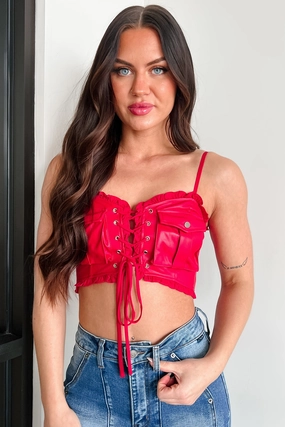Wrinkle Resistant Textile RecycledBlend Make 'Em Blush Faux Leather Crop Top (Red)