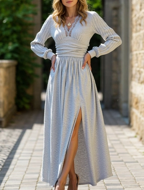 High-grade solid color brushed split dress Sheer Layer Night Charm