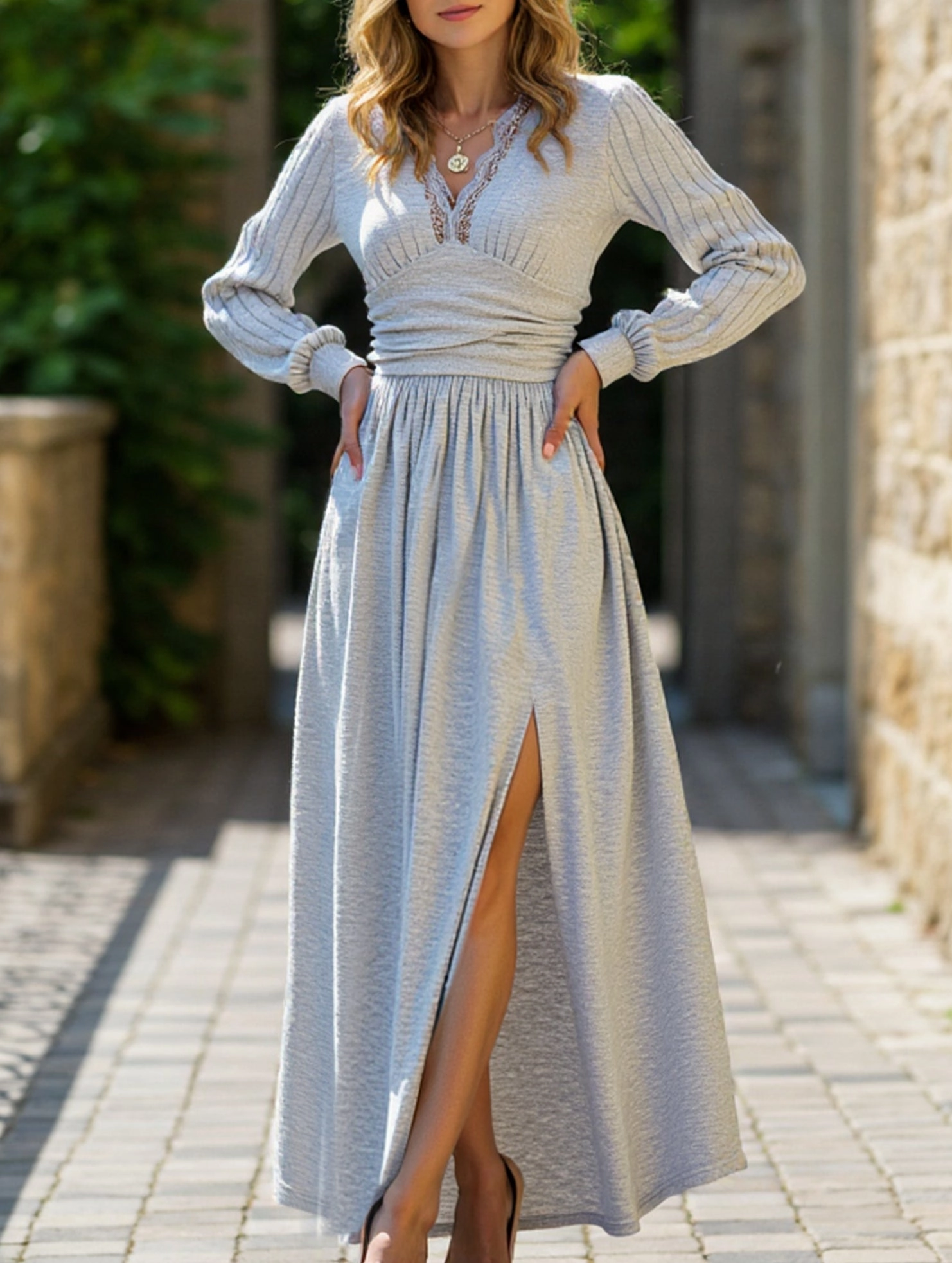 High-grade solid color brushed split dress Fresh Texture City Style