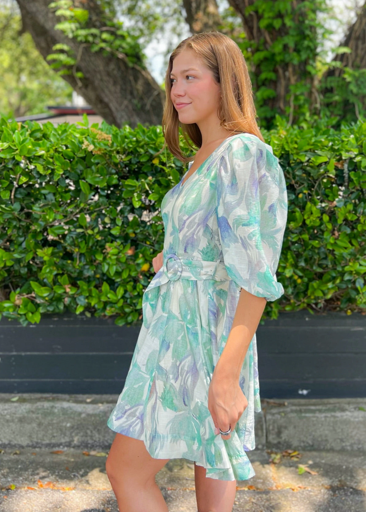 ALEXIS BELTED MINI DRESS High-waisted evening piece