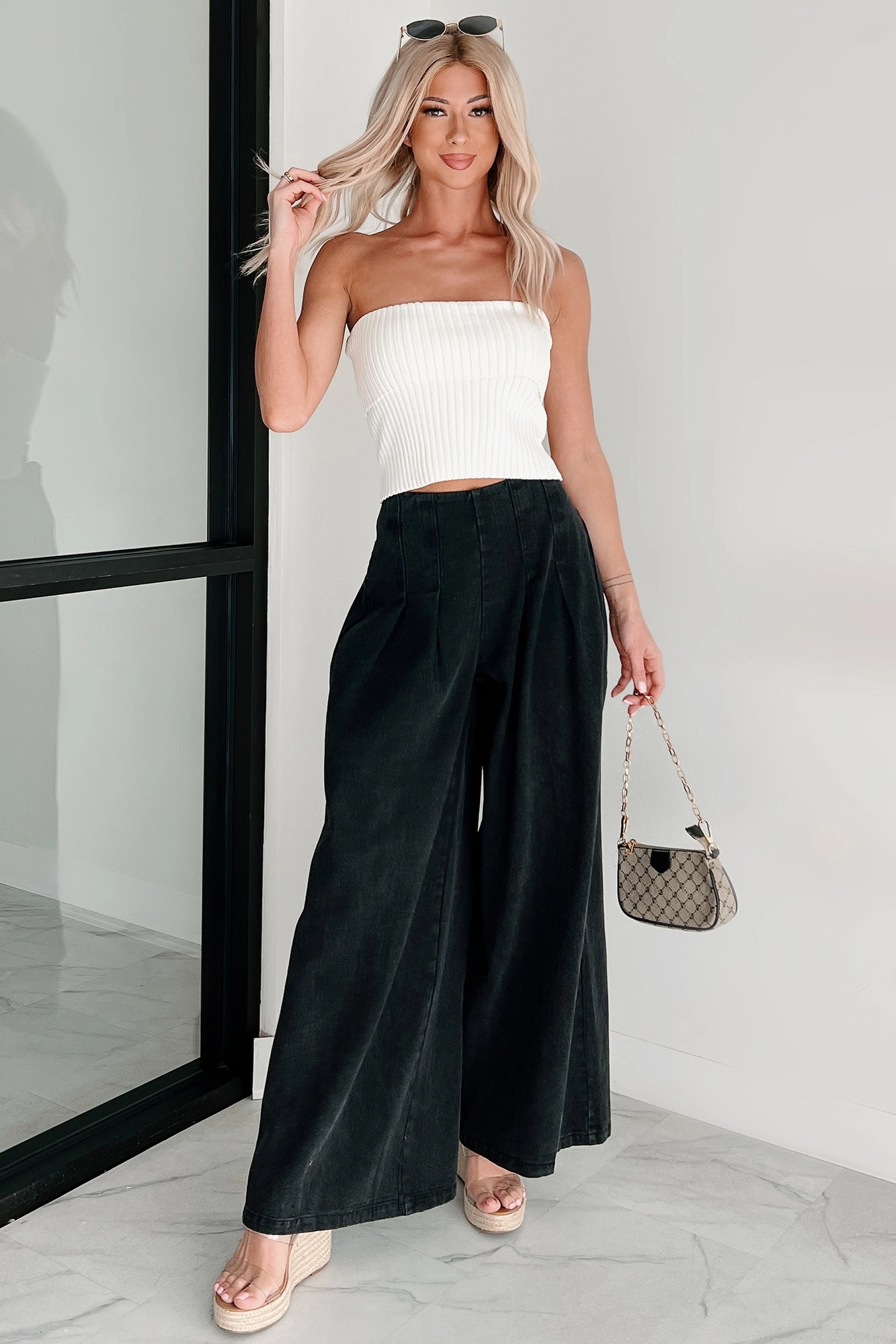 High On Life Wide Leg Pleated Denim Pants (Black) Soft Structure Quick Dry Wear