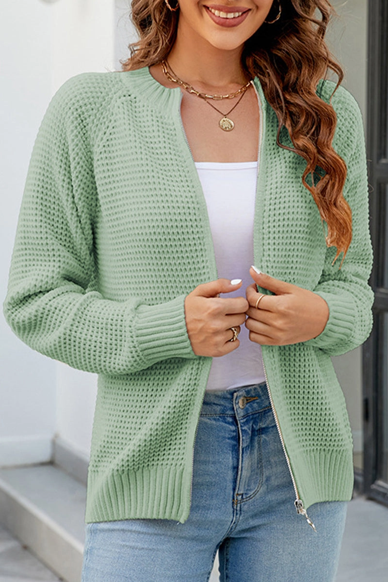 Easy Wear Soft Texture WOMEN ZIP UP CLOSURE WAFFLE KNITTED LIGHT JACKET