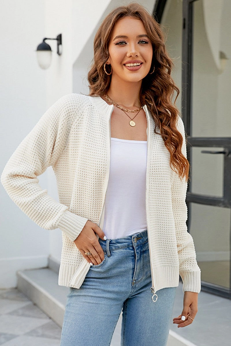 WOMEN ZIP UP CLOSURE WAFFLE KNITTED LIGHT JACKET Biodegradable Fiber Blend Vintage Hoodie