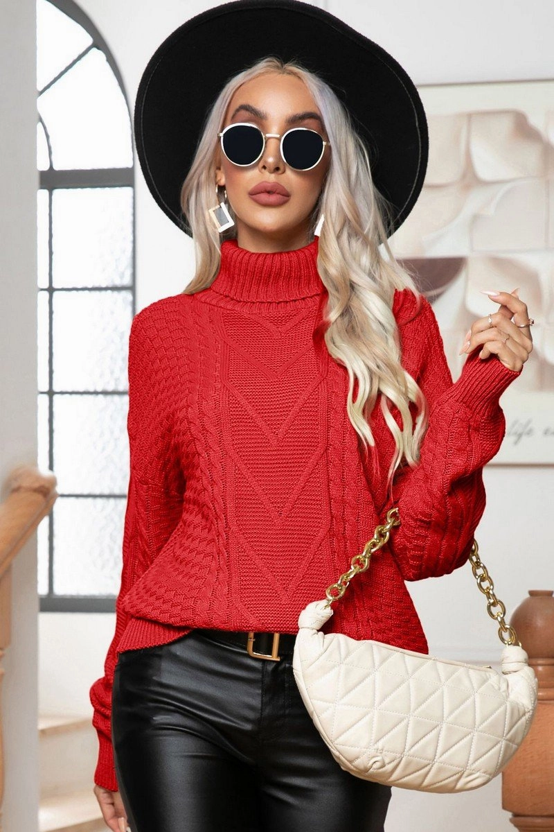 WOMEN TWIST HIGH NECK LOOSE KNIT SWEATER MoistureControl