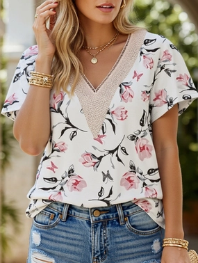 ZeroWastePattern Tension Balanced Design V-neck printed petal-sleeve loose pullover shirt