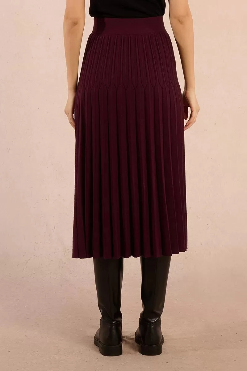 High Waisted Pleated Midi Skirt in Dark Red urban scene