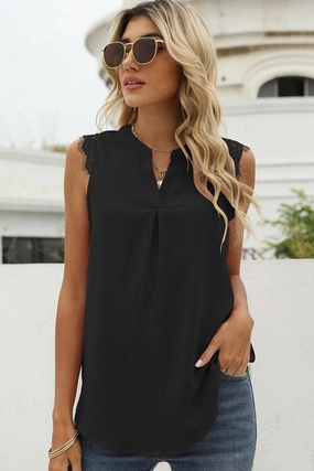 Reinforced Shoulder LACE SLEEVELESS FOLDED CHEST V NECK TUNIC TOP