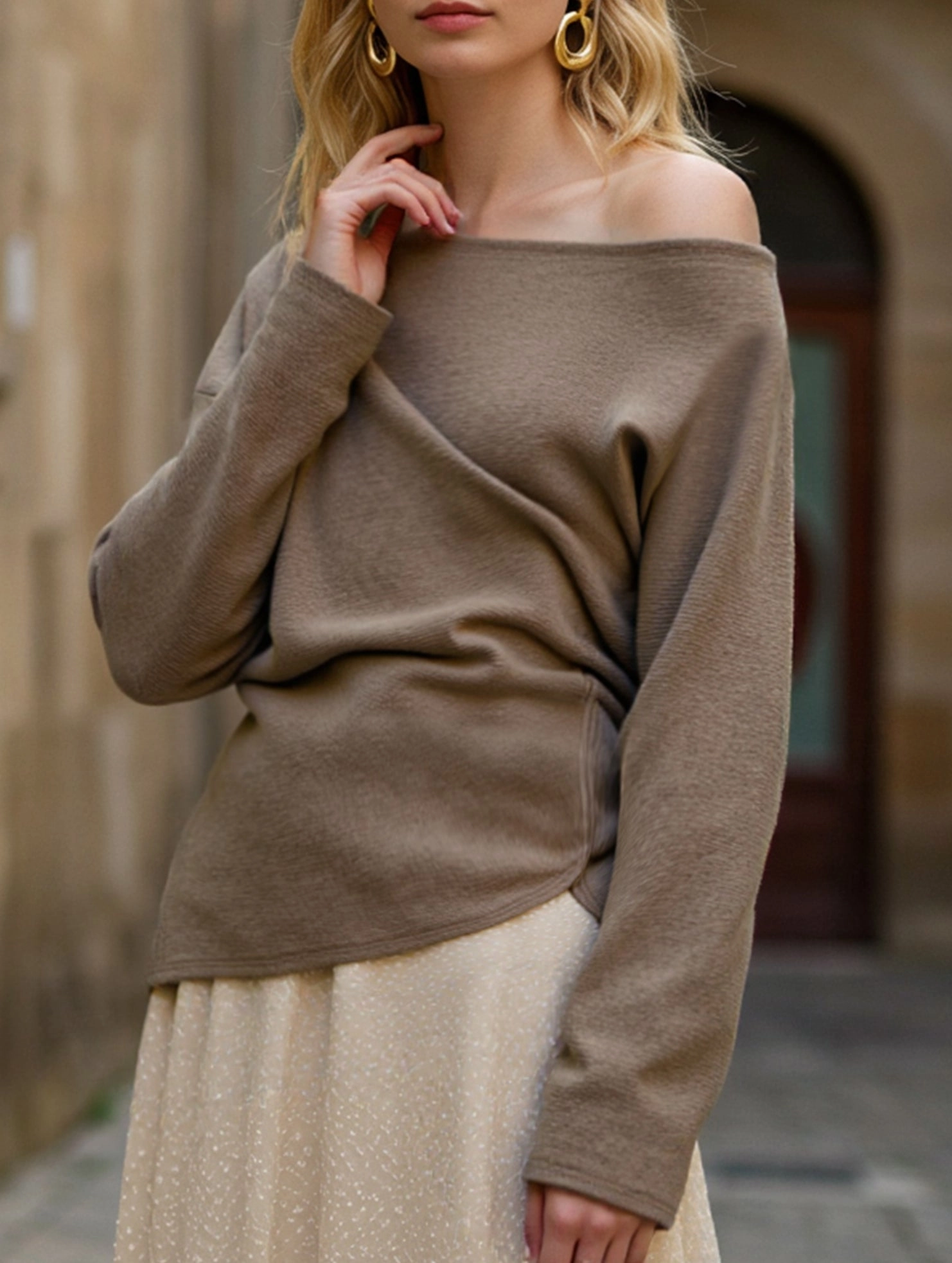 Flexible Knit Fabric No Iron Fabric Solid color knit slant shoulder all-in-one casual top