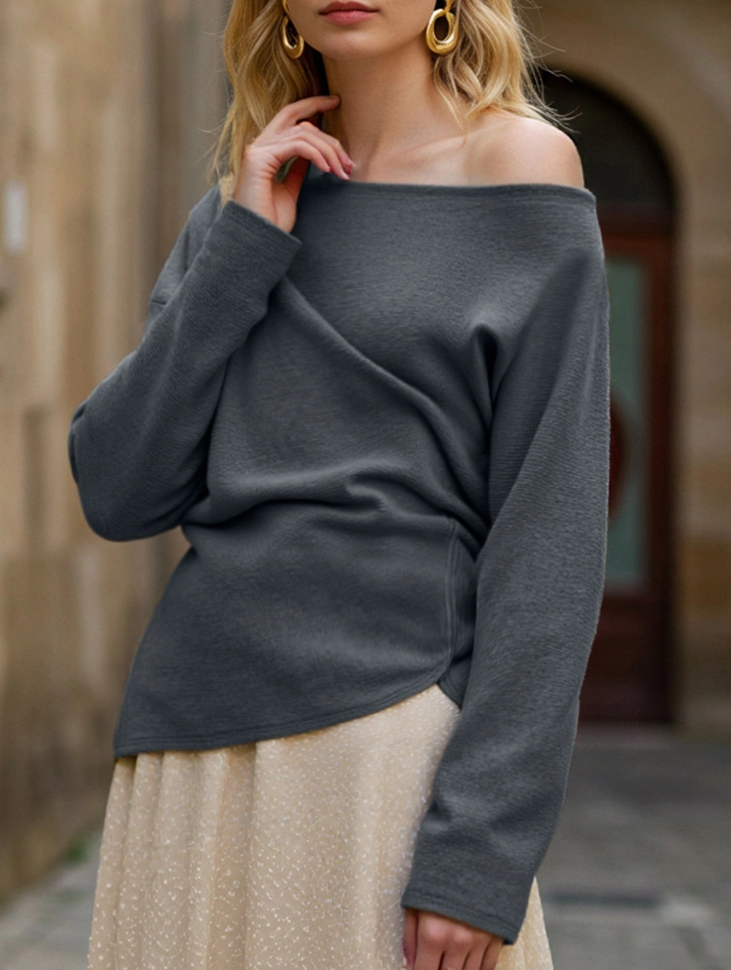 Solid color knit slant shoulder all-in-one casual top Adjustable Shoulder Straps