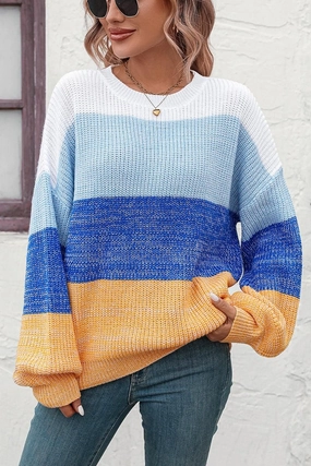 FadeResistant WOMEN RIBBED CREW NECK COLOR BLOCK SWEATER