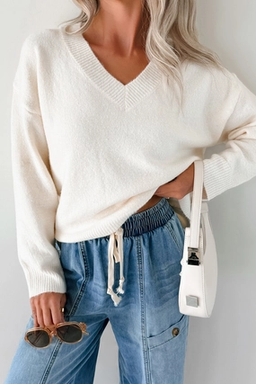 Easiest Choices Papermoon V-Neck Sweater (Cream) NonRestrictive Armholes Curved Hem