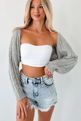 MicroPerforated Details Reflective Trim Details Ease Your Mind Cable Knit Bolero Shrug (Heather Grey)
