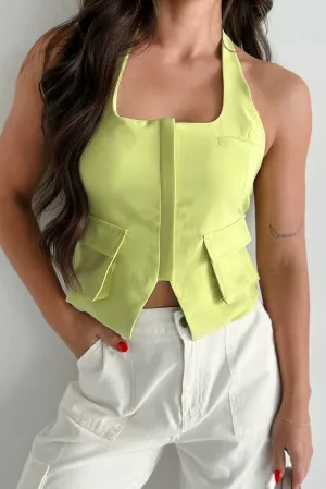 Hidden Pocket Design Flattery Won't Work Zip-Front Cargo Halter Vest (Lime)