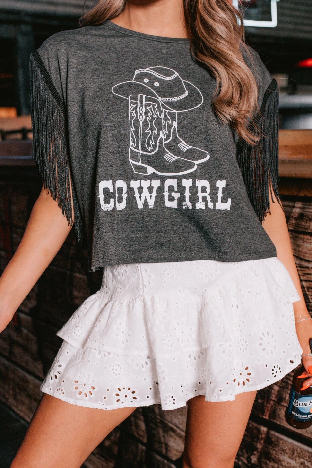 Hit The Trail Fringed Sleeve Cowgirl Graphic Shirt (Charcoal) AdjustableDrawstring