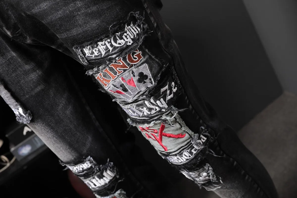 Holes Patched with Card Game Embroidery Splice Casual Style Men Jeans