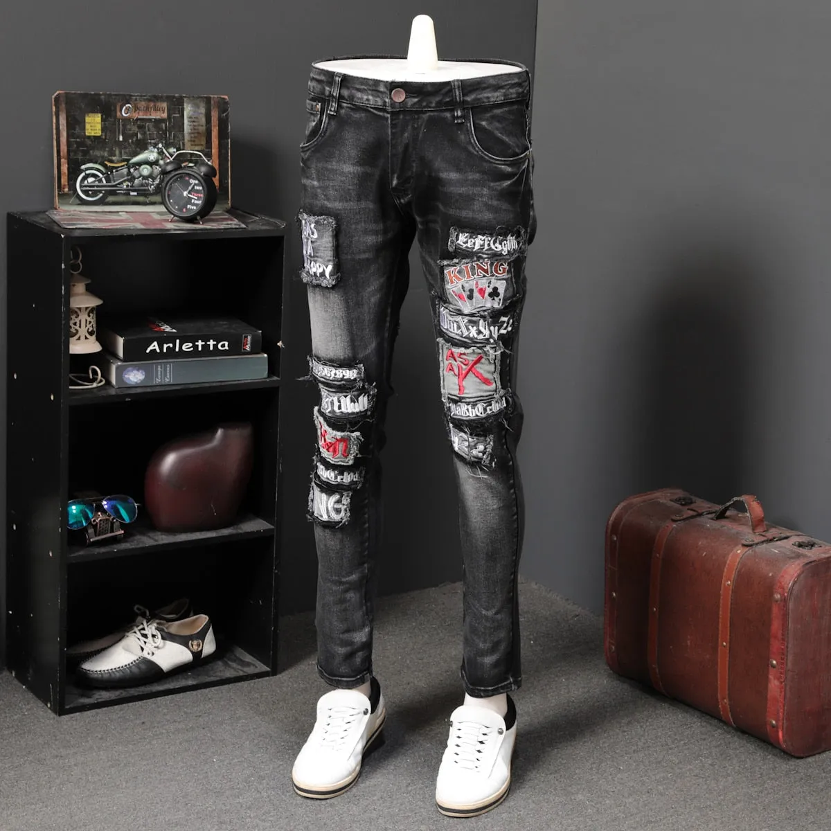 Holes Patched with Card Game Embroidery Splice Casual Style Men Jeans