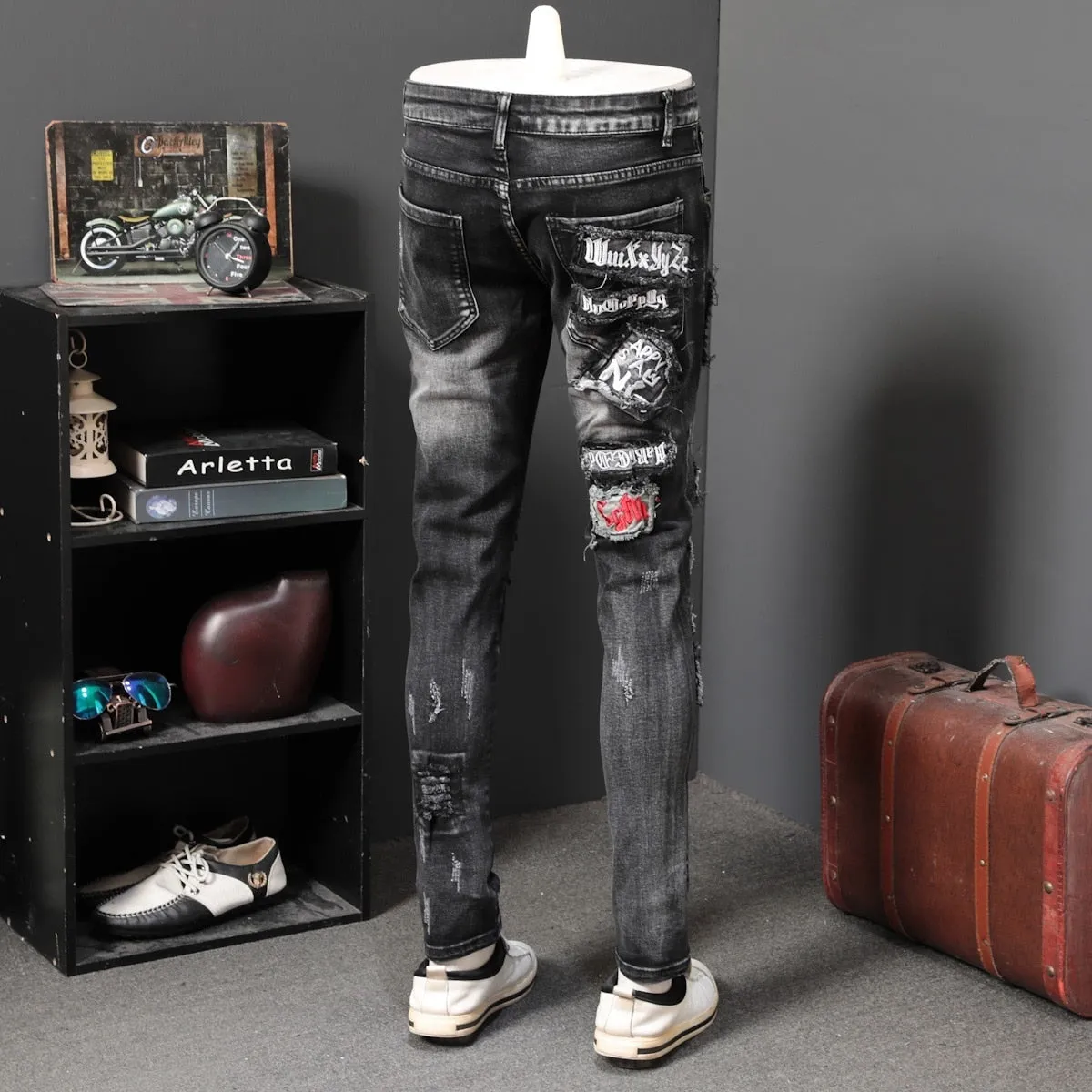 Holes Patched with Card Game Embroidery Splice Casual Style Men Jeans