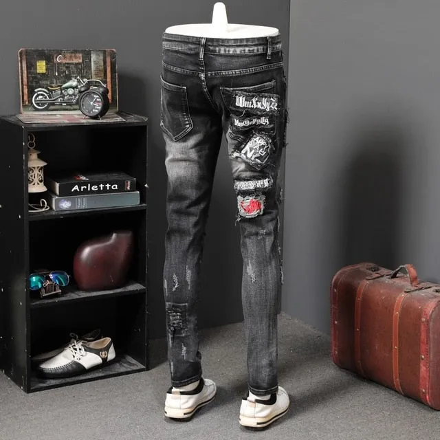 Holes Patched with Card Game Embroidery Splice Casual Style Men Jeans
