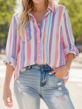 Bold Contrast Stripe Long Sleeve Shirt ??Trendy Women's Button-Up Blouse SecurePockets
