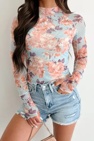 Hooked On You Floral Mesh Long Sleeve Top (Peach/Blue) Airflow Mesh Insert