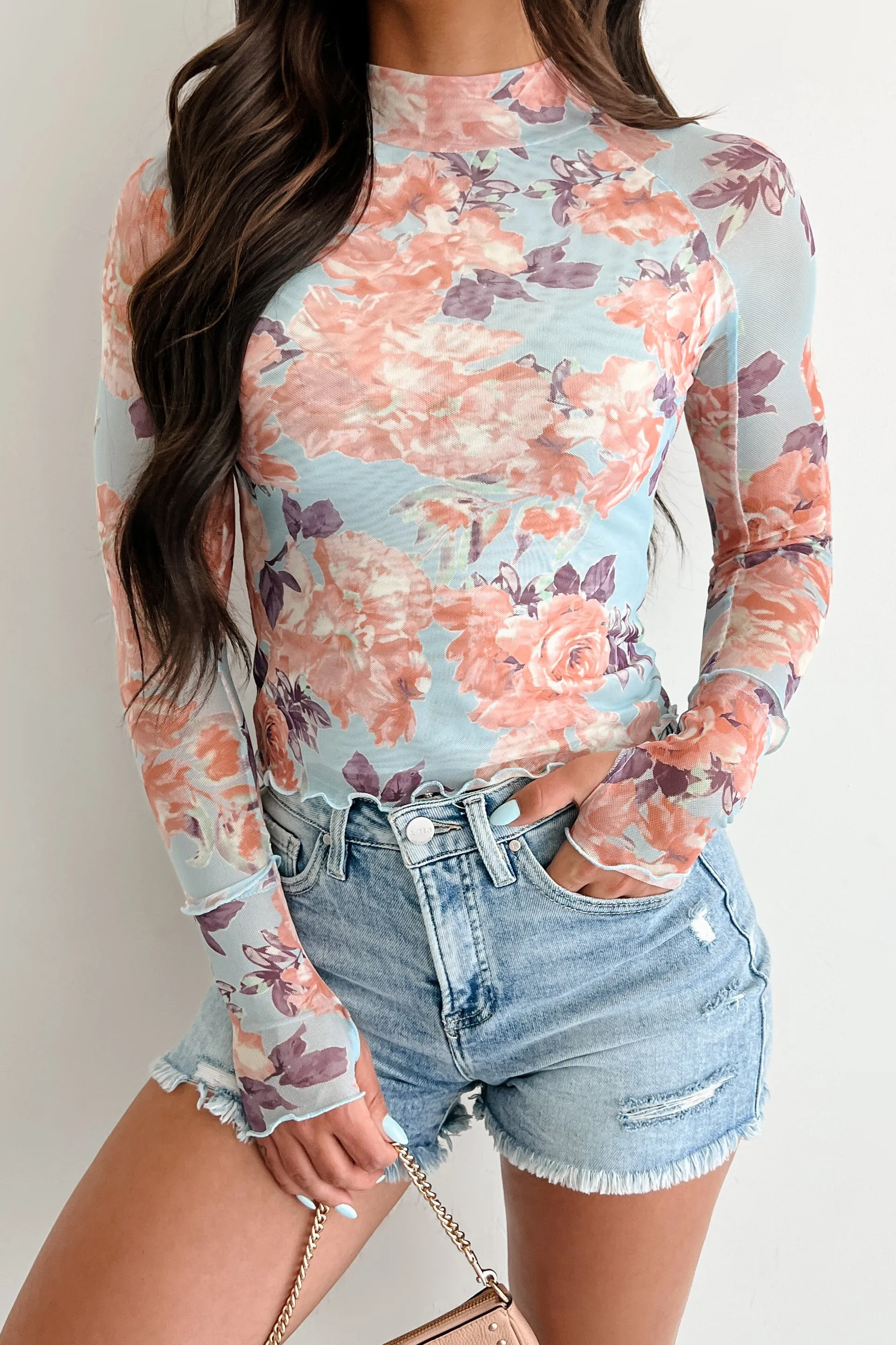 Hooked On You Floral Mesh Long Sleeve Top (Peach/Blue) Airflow Mesh Insert