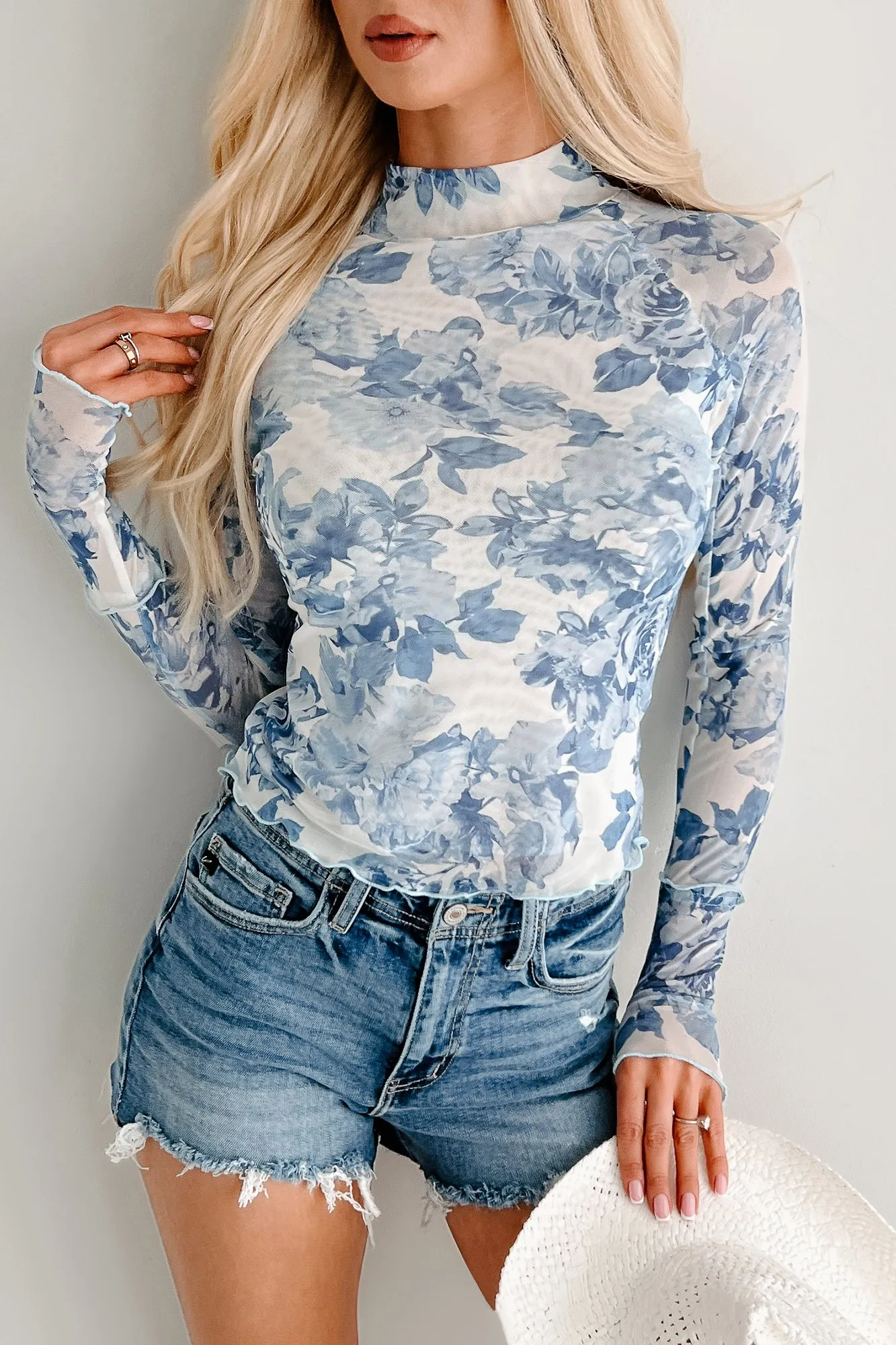 Hooked On You Floral Mesh Long Sleeve Top (White/Blue) Raw Edge Detail Adjustable Hem Cuff
