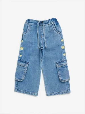 HOP Kids Blue Floral Pattern Relaxed - Fit High - Rise Jeans