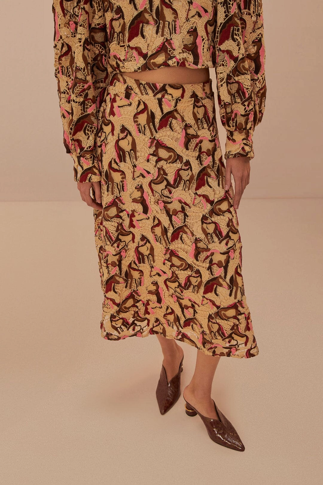 Personality Style Horses Guipire Midi Skirt in Cream