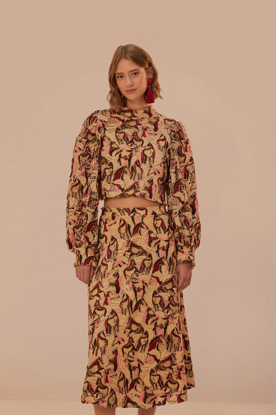 Bold Finish Travel Friendly Horses Guipire Midi Skirt in Cream