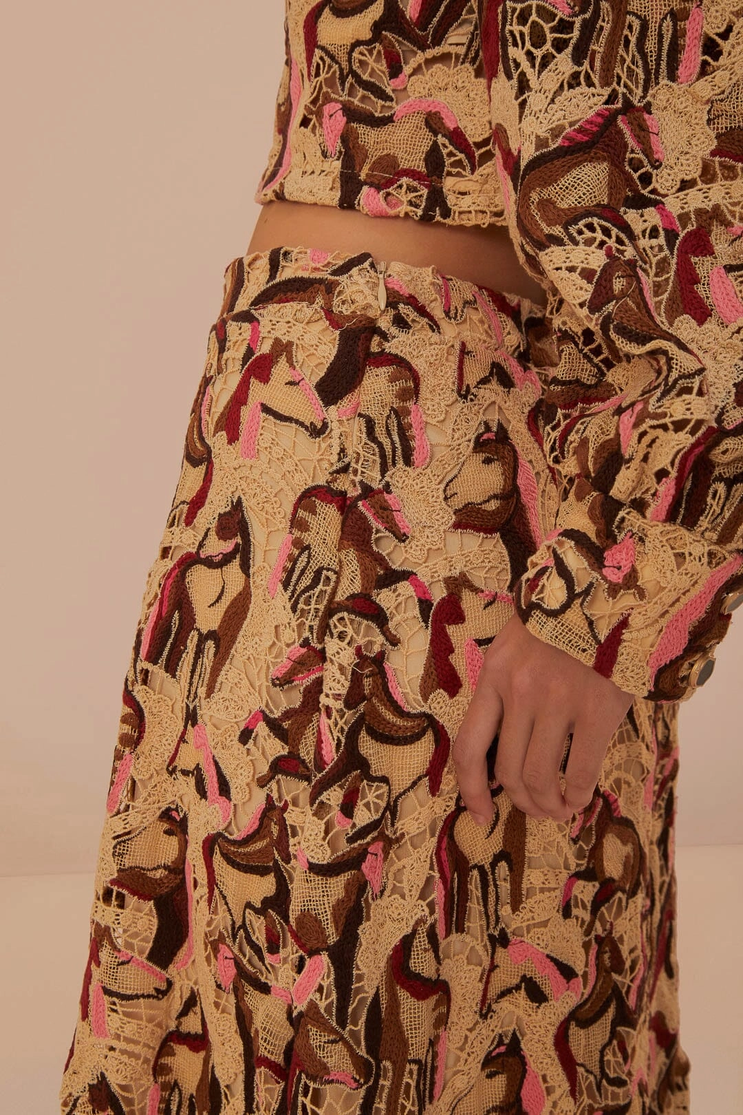 Sustainable Durable Stitching Horses Guipire Midi Skirt in Cream