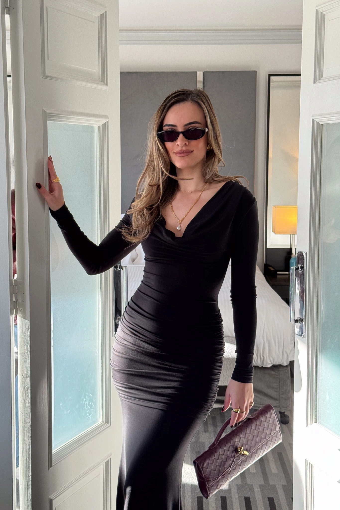 Hunter Long Sleeve Maxi Dress Black Modern Lines plus-size