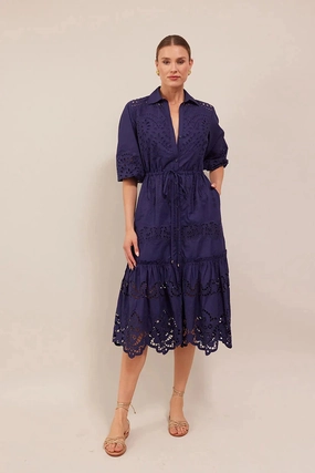 Hutton Dress Navy Embroidered Eyelet Flattering Comfort Wear Everyday Comfort Wear