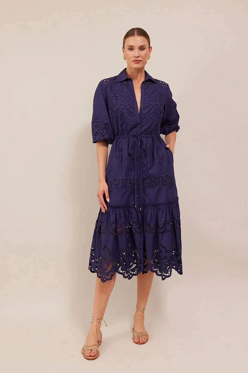 Hutton Dress Navy Embroidered Eyelet Flattering Comfort Wear Everyday Comfort Wear