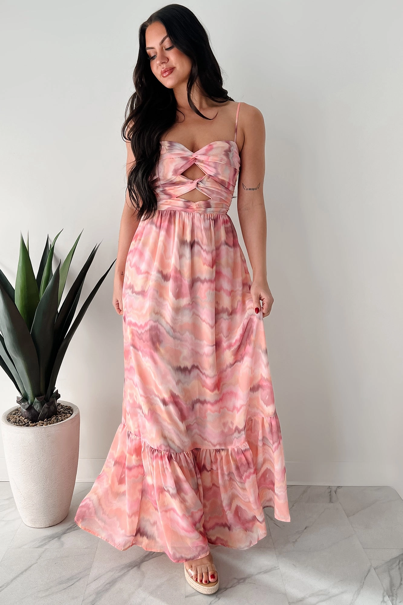 Summer Ease I Hope You Think Of Me Marble Printed Maxi Dress (Pink Multi)